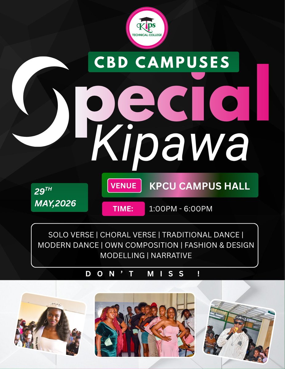 KIPStechnical's tweet photo. SPECIAL KIPAWA 2026 – THE ULTIMATE TALENT EXPLOSION IS HERE! 🔥
Get ready for an unforgettable afternoon of raw talent, creativity, and pure vibes as Kips Technical College presents Special Kipawa!

📅 Date: Thursday, 29th May 2026
⏰ Time: 1:00 PM – 6:00 PM
📍 Venue: KPCU Campus Hall

This is your chance to witness mind-blowing performances in:
🎤 Solo Verse | Choral Verse
💃 Traditional Dance | Modern Dance
🎼 Own Composition
👗 Fashion & Design Modelling
📖 Narrative

Whether you're a performer, a talent scout, or just someone who loves good entertainment — this event is NOT TO BE MISSED!
Expect high energy, stunning creativity, breathtaking moves, and rising stars showing what they’ve got. This is where future champions are born!
Bring your friends, bring the hype, and come ready to be entertained! 

DON’T MISS OUT – 29th MAY 2026

See you at KPCU Campus Hall!

#SpecialKipawa #kipstechnicalcollege #TalentShow2026 #kips4keeps #YouthExcellence CBDCampusVibes