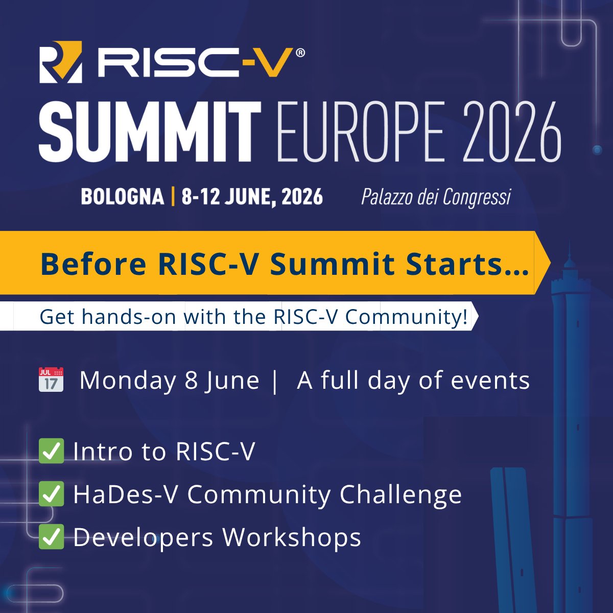 risc_v's tweet photo. Before RISC-V Summit starts... Get hands-on with the RISC-V Community!

Join us on Monday 8 June in Bologna for a full day of learning, workshops, and community events before RISC-V Summit Europe officially begins.

Whether you're new to RISC-V or already building on it, there’s something for you:

🔹 Intro to RISC-V (Open to the public, with no fee)
🕘 9:30–13:00
Come hear about the What, How and Why of RISC-V.
Save your seat: https://t.co/YWKXVqByxF

🔹 HaDes-V Community Challenge (Free Event)
🕑 14:00–17:30
Get hands-on with RISC-V processor design and FPGA-based learning while exploring how modular 32-bit RISC-V microcontrollers run on real hardware.
The workshop is free to attend, register here: https://t.co/AfXtZE1QUs

🔹 RISC-V Developer Workshops (Almost Sold Out)
🕘 8:30–18:00
Full-day hands-on workshops (€30)
Experiment with tools, test what works today, and see how hardware and software can be co-designed. 
Secure your seat: https://t.co/4eyr6evHFX

📍 Bologna • Palazzo dei Congressi
Come early. Learn something new. Meet the community before Summit week begins.