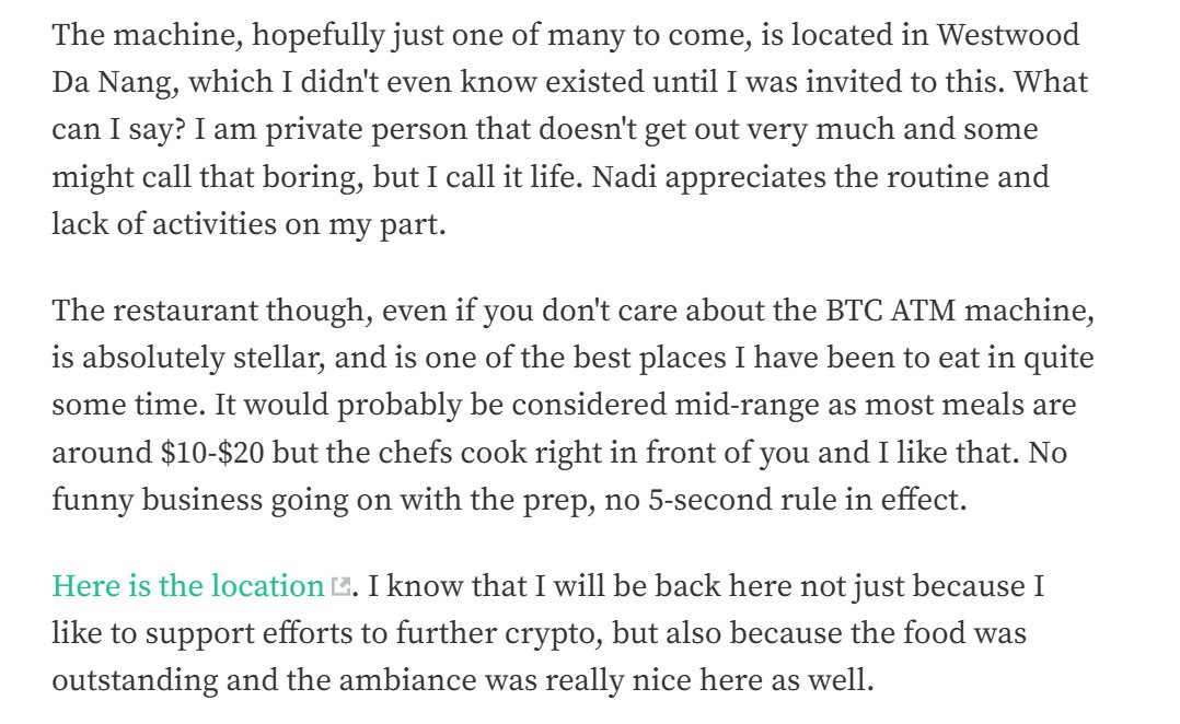 BitcoinVN_BTM's tweet photo. Some really positive reporting about #Westwood Da Nang.

Even if you don't to bulk up on BTC... you're dining well there. 🙂 https://t.co/tOBDim4fls