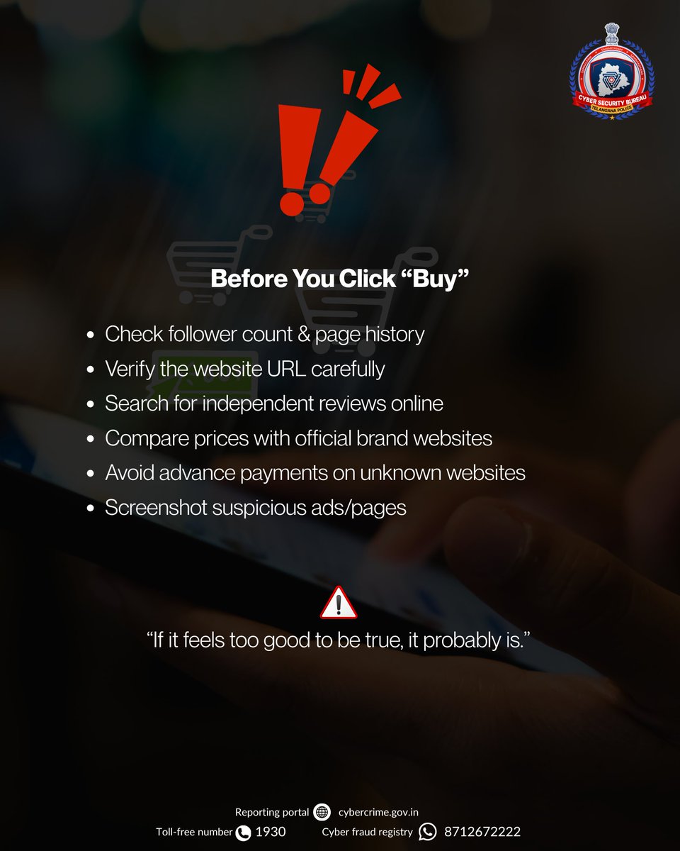 TGCyberBureau's tweet photo. Fake online shopping ad frauds are on the rise.

Cybercriminals are using fake sponsored ads, cloned websites, and unbelievable discounts to steal money and personal information.

If an offer looks too good to be true, it probably is.

#OnlineShoppingScam #Dial1930 #TGCSB https://t.co/hw9vJXIC3E