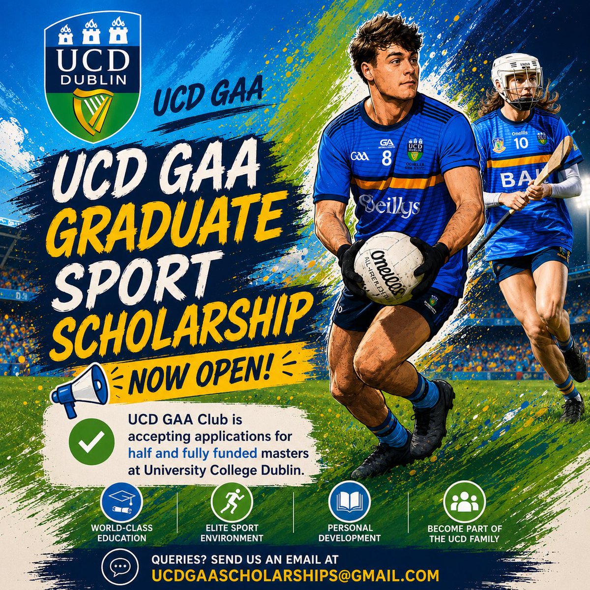 UCDGAA's tweet photo. The UCD GAA graduate Sports scholarship is now open. Anyone looking to do a masters, PME or PhD, apply at the link below #ucdgaa 

https://t.co/hn1h5Af3jl https://t.co/PkibAfTIH6