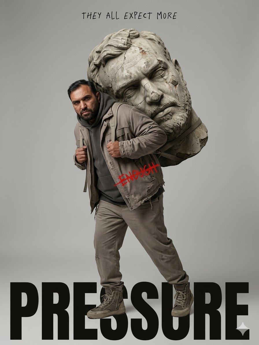 mayub46's tweet photo. Prompt 

Ultra-realistic conceptual portrait of the subject carrying a massive realistic stone version of her own face on her back like a burden. The sculpture is cracked and weathered while she struggles slightly under its weight. https://t.co/fR7MqhASBh