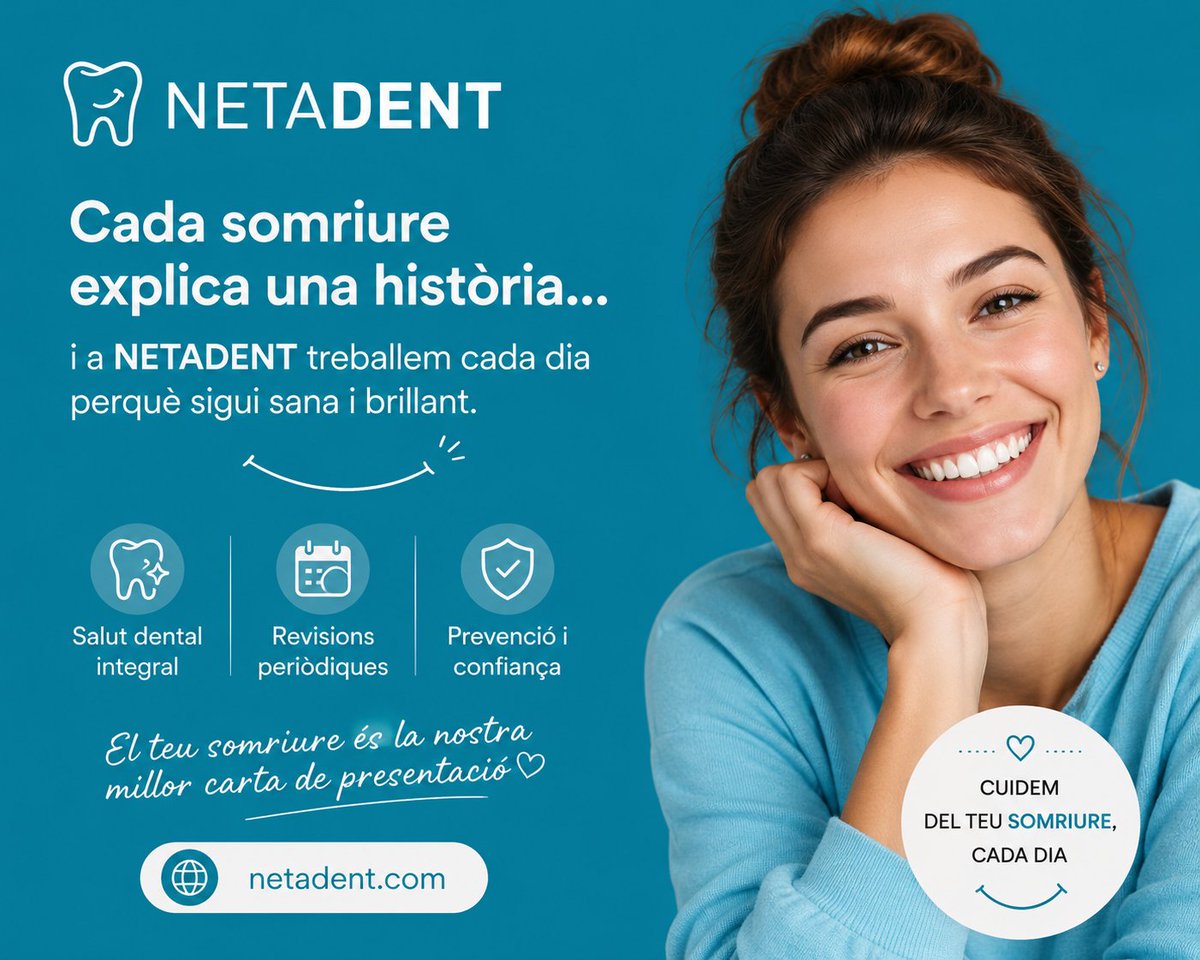 Netadent's tweet photo. 🦷💙 Cada somriure explica una història… i a NETADENT treballem cada dia perquè sigui sana i brillant 😁
Cuida la teva salut dental amb bons hàbits i revisions periòdiques.
El teu somriure és la nostra millor carta de presentació ✨
#NETADENT #SalutDental #SomriuAmbConfiança https://t.co/LzlhnPVtRq