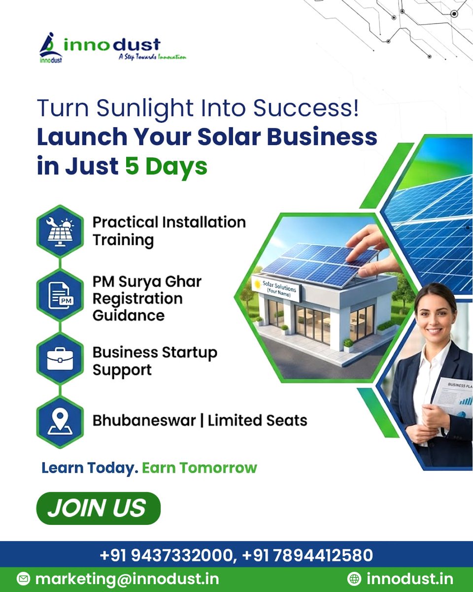 innodust's tweet photo. Turn Sunlight Into Success!

Start your own solar business in just 5 days with Innodust’s practical solar training program. 🚀

Get hands-on installation training, PM Surya Ghar registration guidance, and complete business startup support. 
.
.
.
#solarbusiness #solartraining https://t.co/BNNx9z1w40