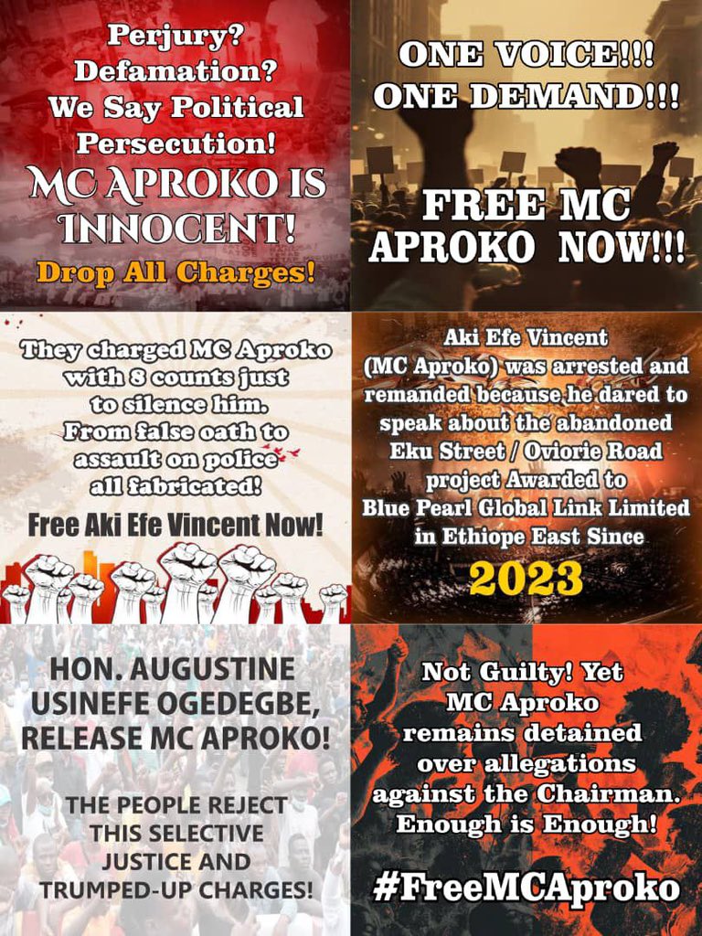amglory8's tweet photo. We Will Not Be Silent!
The arrest and imprisonment of MC Aproko by the Ethiope East LGA Chairman, Hon. Augustine Usinefe Ogedegbe is unacceptable!
Enough of this political persecution!
We Demand the Immediate Release of MC Aproko NOW!!!
Our voices will not be silenced. https://t.co/3N8QdLd6Q2