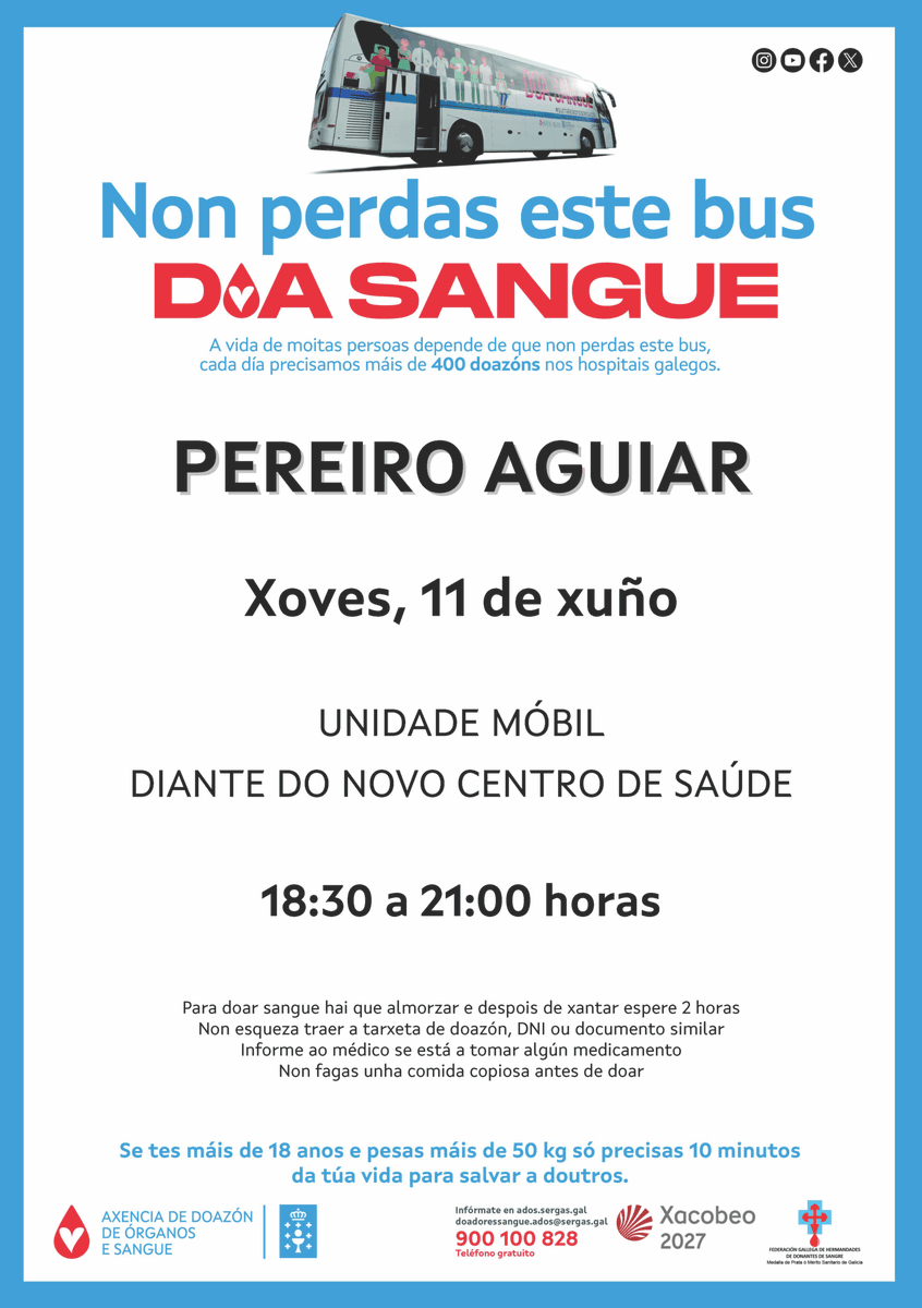 ConcelloPereiro's tweet photo. DOA SANGUE, SALVA VIDAS 🩸

Este xoves 11 de xuño, a unidade móbil estará diante do novo centro de saúde 🏥 entre as 18:30 e as 21:00 h, lista para recibir doantes ❤️ https://t.co/QqsfOgFaRY