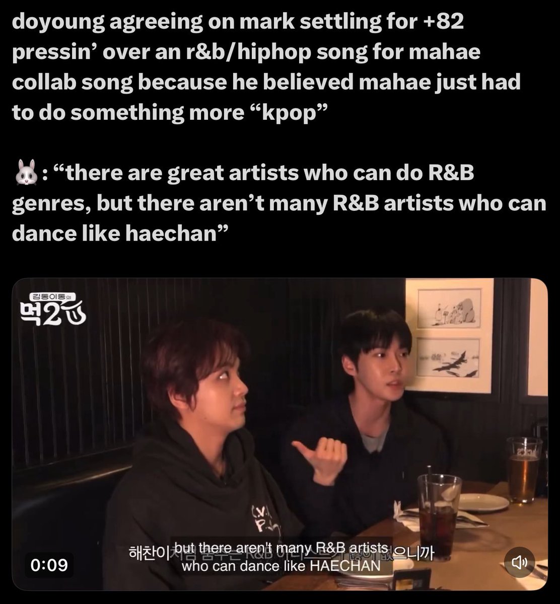 xneojunx's tweet photo. 🐰: “there are great artists who can do R&amp;B genres, but there aren’t many R&amp;B artists who can dance like haechan”

🌹: “if I had Haechan’s vocal tone I wouldn’t (need to) dance”

main vocalist main dancer ultimate all-rounder haechan 😁 https://t.co/Ow3h2zTWkd