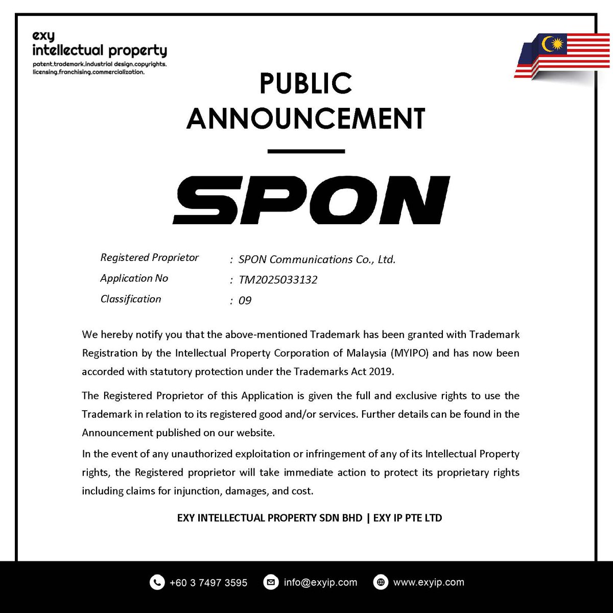 exyip's tweet photo. We are very much pleased to inform you that the mentioned Trademark had been successfully granted with Trademark Registration. 

Congratulations SPON COMMUNICATIONS 🎉

#ExyIP #Trademark #intellectualproperty https://t.co/I5uLepMifH