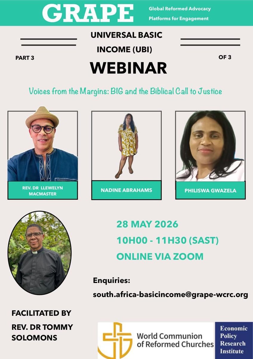 UBIC_ZA's tweet photo. HAPPENING NOW | Join the GRAPE UBI webinar: “Voices from the Margins: BIG and the Biblical Call to Justice”.
A conversation on faith, dignity, economic justice, and universal basic income.

⏲️Until 11:30 (SAST)
🔗https://t.co/Uvr393DA7i

#UBI #BasicIncome #EconomicJustice https://t.co/UP8Nr4L1X9