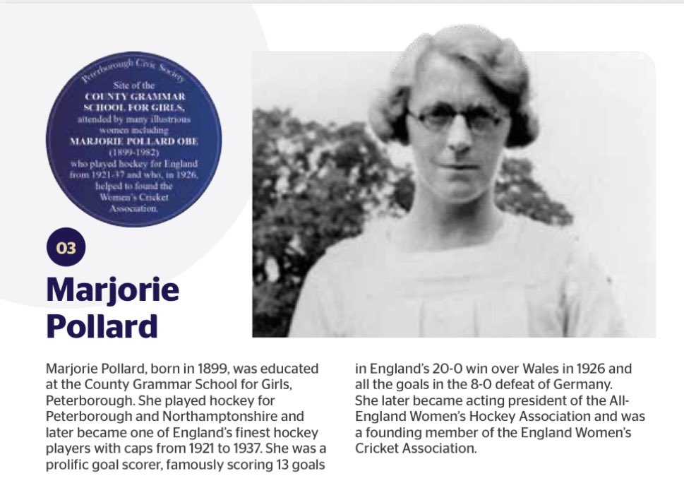 TobyWoody's tweet photo. Delighted to read that Marjorie Pollard is included in the new book about women’s cricket ‘The Women in Whites’. In Peterborough we have a blue plaque to Marjorie who was once described to me as “formidable”

@RafNicholson @guardian_sport 

https://t.co/6NjCnf0zJO https://t.co/pW3qHDpiVQ