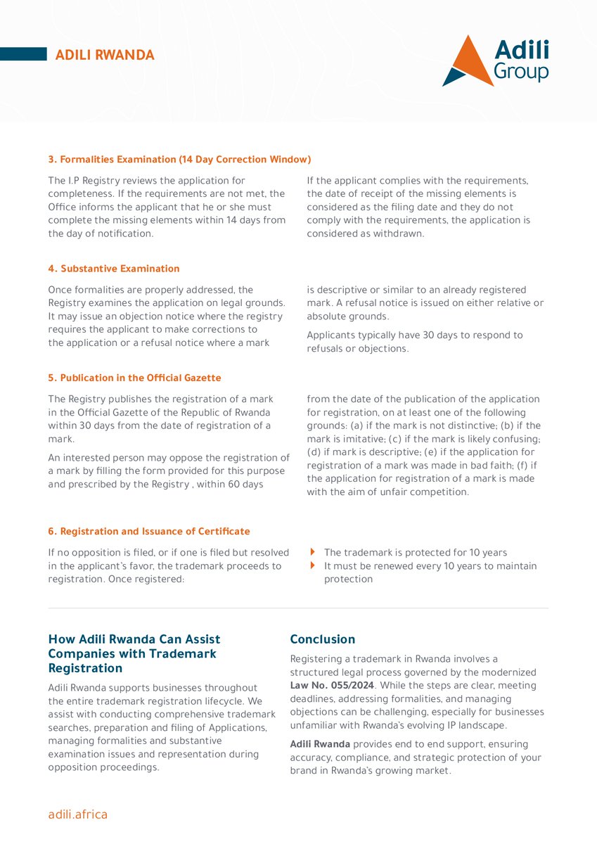 AdiliGroup's tweet photo. As Rwanda grows as an investment hub, protecting intellectual property is key. Adili Rwanda shares a practical overview of trademark registration, including key steps, timelines, and considerations. To learn more, contact info@adili.africa. ✅ https://t.co/BzVJzZHkYJ