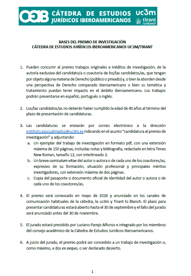 IPascualMadoz's tweet photo. Convocado el Premio de Investigación de la Cátedra de Estudios Jurídicos Iberoamericanos. @Tirant_ESP  Plazo de presentación de candidaturas: hasta el 30 de septiembre, Más información en las bases que se acompañan. @IPascualMadoz https://t.co/Vxkh7TwKSC https://t.co/cD81Xcd1qb