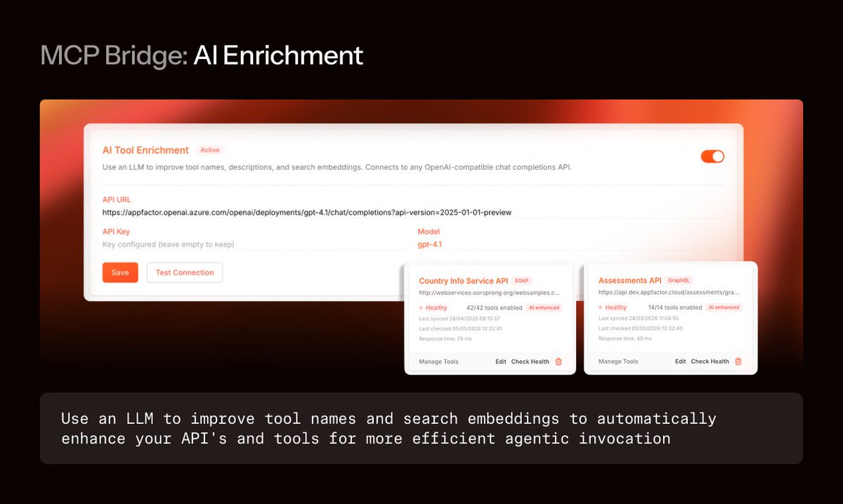 appfactorio's tweet photo. getProcInfo3 → get_customer_account_details
Same tool. The new name lives only in the discovery layer, the agent still calls the original API. The rename happened without anyone touching the source code. Here's how 👇🏽