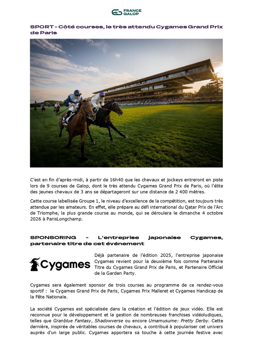francegalop's tweet photo. 📣 𝗖𝗼𝗺𝗺𝘂𝗻𝗶𝗾𝘂𝗲́ 𝗱𝗲 𝗽𝗿𝗲𝘀𝘀𝗲 :
LA GARDEN PARTY
CYGAMES GRAND PRIX DE PARIS @Cygames_FR @Cygames_EN 
Vivez un 14 juillet unique, où sport et musique se rencontrent ! ⤵️
https://t.co/xdL2VU3IeM https://t.co/73UtPSu7fk
