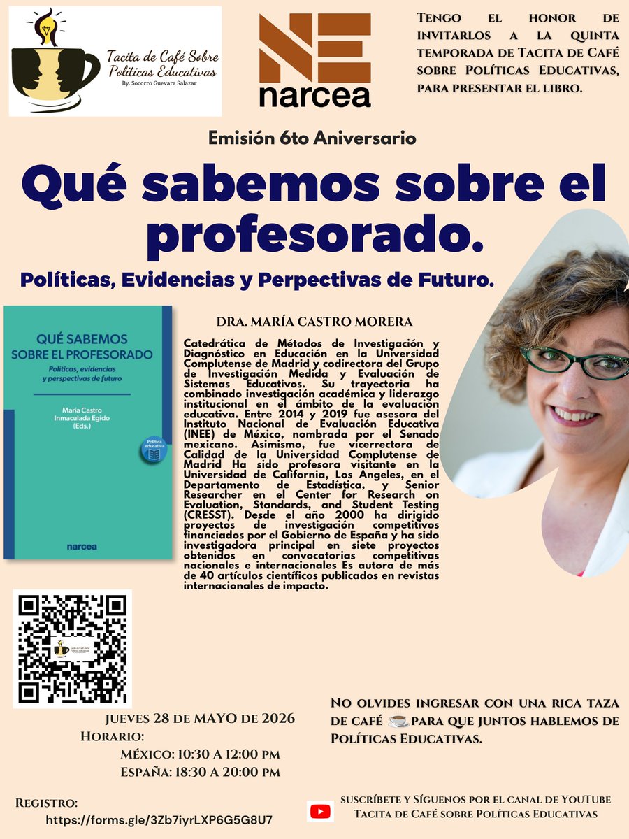 narceaediciones's tweet photo. 👋¡Tacita de Café sobre Políticas Educativas!
📚“Qué sabemos sobre el profesorado. Políticas, Evidencias y Perspectivas de Futuro”
Contaremos con la participación de nuestra autora, María Castro.
Hoy, Jueves 28 de mayo de 2026: 18:30 – 20:00 h (España)
https://t.co/MeGOwQ5IZw https://t.co/Nin1HszjIb