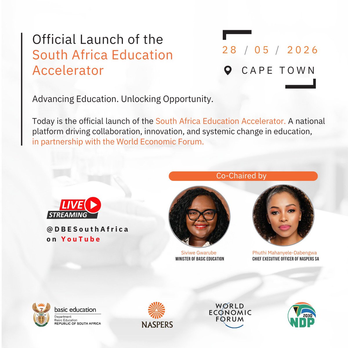 Siviwe_G's tweet photo. The Department of Basic Education, in partnership with the World Economic Forum, today launches the South Africa Education Accelerator.

This national platform brings government, business, philanthropy and civil society together behind two connected priorities: stronger foundational learning and credible multiple learning pathways through Focus Schools.

If we want learners to access technical, vocational, digital and workplace opportunities, we must first ensure that every child can read with meaning and work confidently with numbers.

Strong foundations are what make future skills possible.

Together, we can build Strong Foundations for Strong Futures. 

Live stream details: @DBE_SA