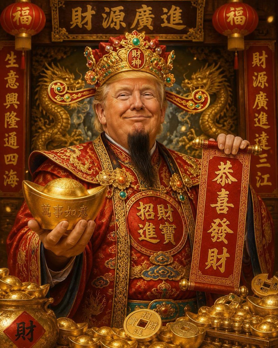 HuPython's tweet photo. Hahaha Trump becomes Chinese money god https://t.co/vNmea6OOgA