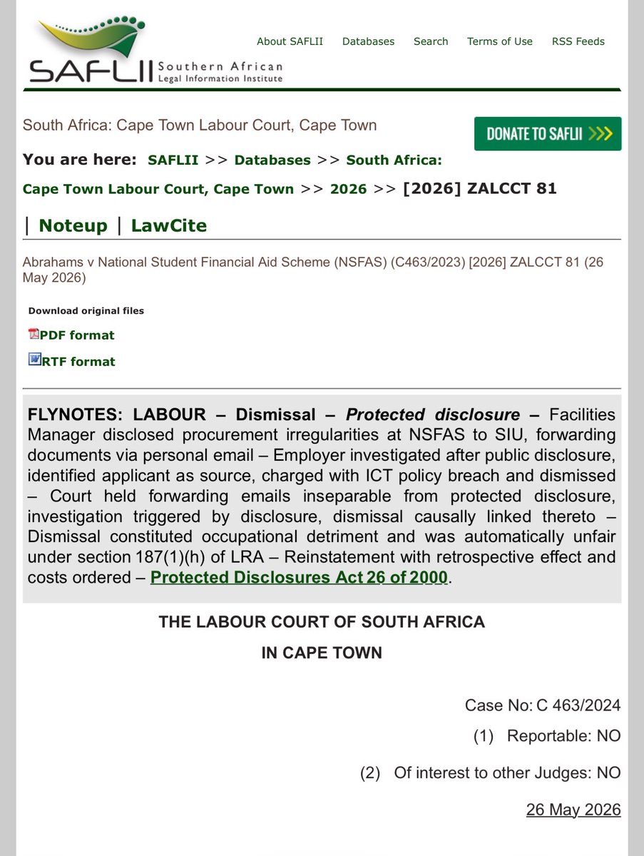 Attorney_Bae's tweet photo. A NAFAS employee was dismissed for  making a protected disclosure to the SIU. The disclosure was made using a personal email account.

NSFAS view = the disclosure was a breach of their ITC Policy. 

The dismissal was deemed to be unfair. https://t.co/mahD8FAEx8