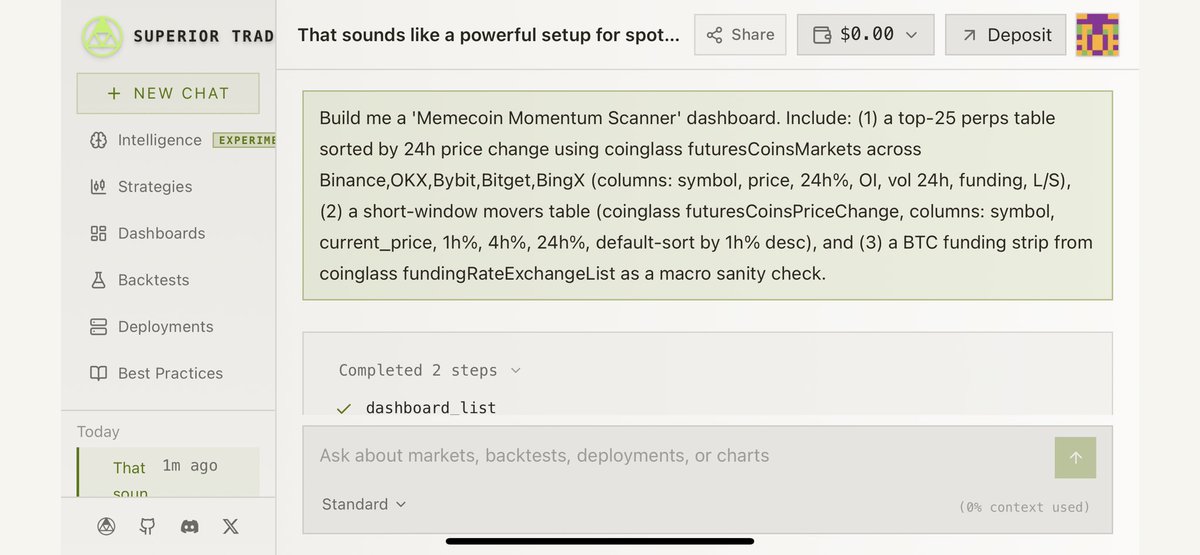 EmvynX's tweet photo. Loved this in Superior Terminal! Asked the Strategy Agent to build a “Memecoin Momentum Scanner” dashboard. It delivered top perps movers, 1h gainers &amp; BTC funding strip.

Super clean real-time workflow 🔥

→ https://t.co/2sCRhWeuMl

@SuperiorTrade_ #SuperiorTrade https://t.co/310FaX2IlU