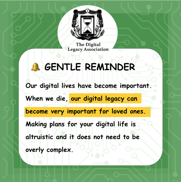 DigitalLegacyCo's tweet photo. "Our digital lives have become important. 

When we die, our digital legacy can become very important for loved ones. 

Making plans for your digital life is  altruistic and it does not need to be complex."

https://t.co/gpfgOmLLZR  

#DigitalLegacy #Mindfulness https://t.co/0dLu3gpGNX