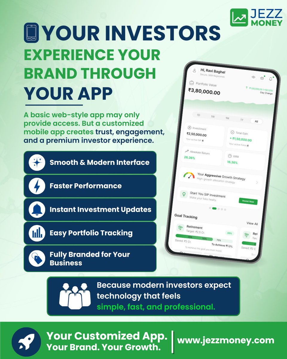 jezzmoney_'s tweet photo. Your investors don’t just use your app — they experience your brand through it.
Modern, fast & fully branded technology builds stronger investor trust and engagement. 🚀
🌐 https://t.co/VhcEDoFuKD
#JezzMoney #Fintech #InvestmentApp #InvestorExperience #WealthTech https://t.co/K9GHM3nnCQ