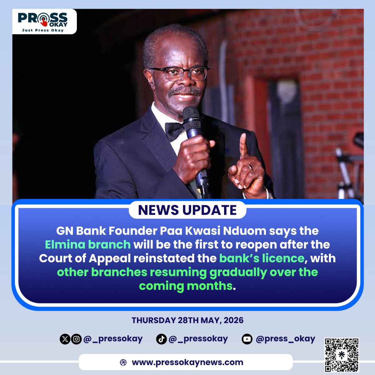 _pressokay's tweet photo. Paa Kwesi Nduom announced that Elmina in the Central Region will be the first GN Bank branch to reopen.

Other branches are expected to resume operations gradually across the country over the coming months.
  
He said the bank will rebuild “with renewed confidence” and focus on stronger operations and better service delivery.