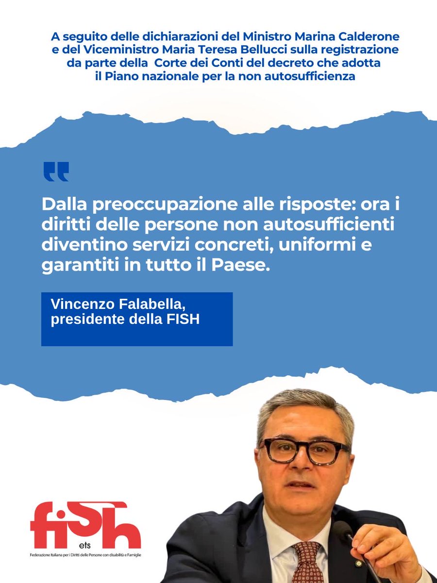 fish_ets's tweet photo. A poche ore dall’appello di FISH sono arrivate ieri importanti risposte istituzionali con la registrazione da parte della Corte dei Conti del decreto del Presidente del Consiglio dei ministri che adotta il Piano nazionale per la non autosufficienza. 

🔗 https://t.co/IlHOBATERB https://t.co/OPUPdhVVDE