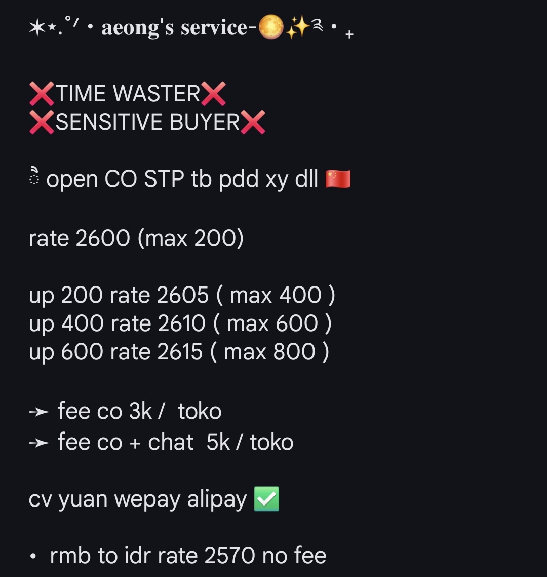 aeongs_'s tweet photo. ✶⋆.˚ᐟ‧𝐚𝐞𝐨𝐧𝐠'𝐬 𝐬𝐞𝐫𝐯𝐢𝐜𝐞-🌕✨༉‧₊

28/5

co stp only✅ wh sendiri✅

tidak open tf alipay⛔️ https://t.co/OUsRpL7ulZ