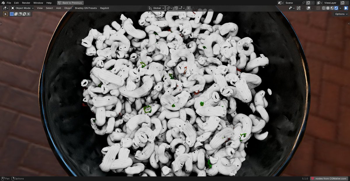 The_Genesis_0's tweet photo. Here is my Blender procedural material shader set-up for the Macaroni. If you are interested. #3dFood #blender3d #bl3d #3dArt https://t.co/OsJMDslvoB