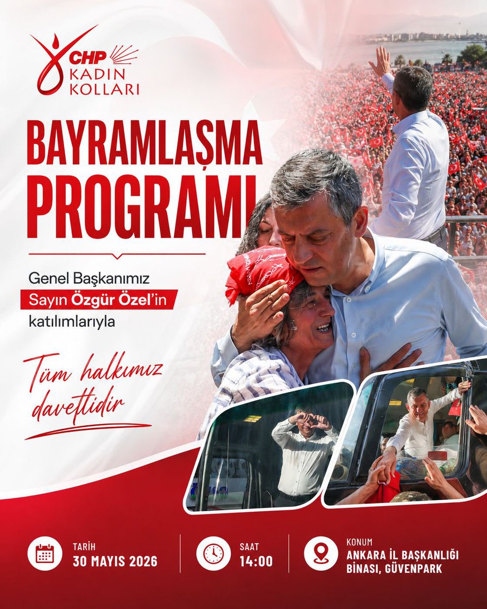 YeniPartiKadin_'s tweet photo. Biz bu memleketin umudunu koltuklarda, makamlarda, binalarda değil; meydanlarda büyüttük!
Ve yine öyle yapacağız! 🇹🇷

Seçilmiş Genel Başkanımız Sayın Özgür Özel’in katılımıyla gerçekleştireceğimiz bayramlaşma programında; korkuya teslim olmayanlarla, iradesine sahip çıkanlarla, bu ülkenin yarınlarına inananlarla buluşuyoruz.

Çünkü biz, teslim olmayanların partisiyiz!
Çünkü biz, irademizi hiçbir güce çiğnetmeyiz!

Birlikte güçlüyüz, birlikte kazanacağız!
Tüm halkımız davetlidir! 

📍 CHP Ankara İl Başkanlığı – Güvenpark
🗓 30 Mayıs 2026
⏰ 14.00