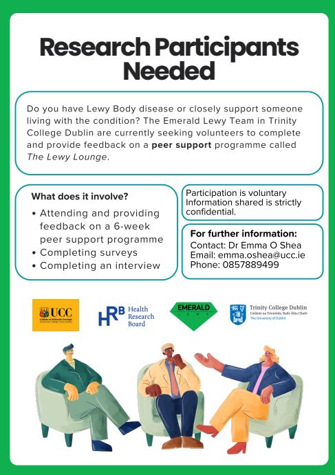 EngagingDemIrl's tweet photo. Do you have Lewy Body disease or closely support someone living with the condition? The Emerald Lewy Team in Trinity College Dublin are currently seeking volunteers to complete and provide feedback on a peer support programme called The Lewy Lounge.

For further information contact Dr. Emma O Shea: Email emma.oshea@ucc.ie or call 0857889499.