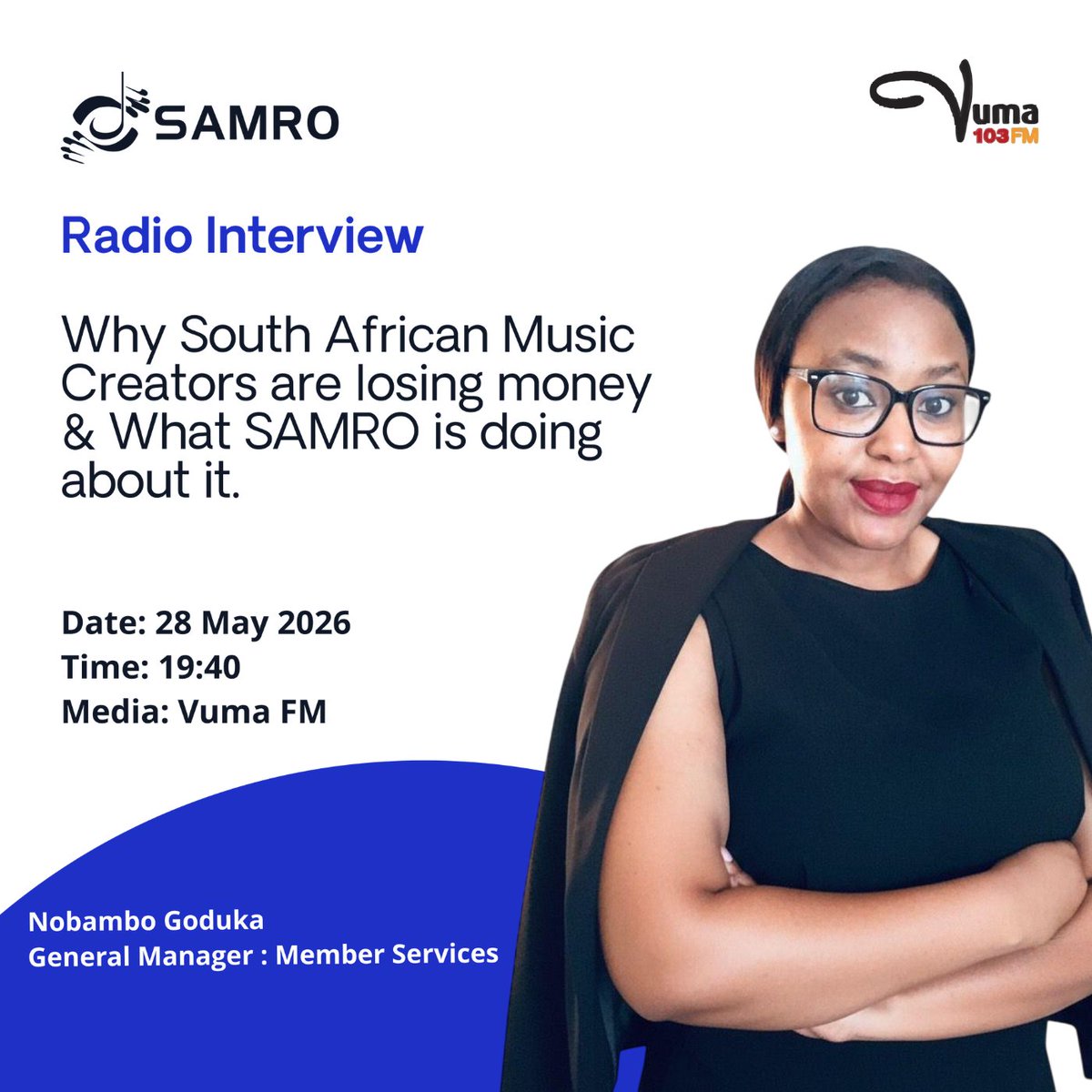 SAMROMusic's tweet photo. #RADIOINTERVIEW:

Catch SAMRO's General Manager of Member Services, Nobambo Goduka, on @VumaFM this evening from 19:40 as she delves into The State of Your Music: Service Weeks at SAMRO, a dedicated two-week member engagement initiative aimed at helping music creators, publishers, and members resolve royalty administration challenges, update their records, understand contractual obligations, and ensure they receive proper credit and compensation for their works.

Taking place from 25 May to 05 June 2026 at SAMRO’s Braamfontein offices, the sessions will provide education, direct support, and one-on-one consultations for members seeking assistance with work notifications, split sheets, banking details, and registration matters.

Tune in to learn more.