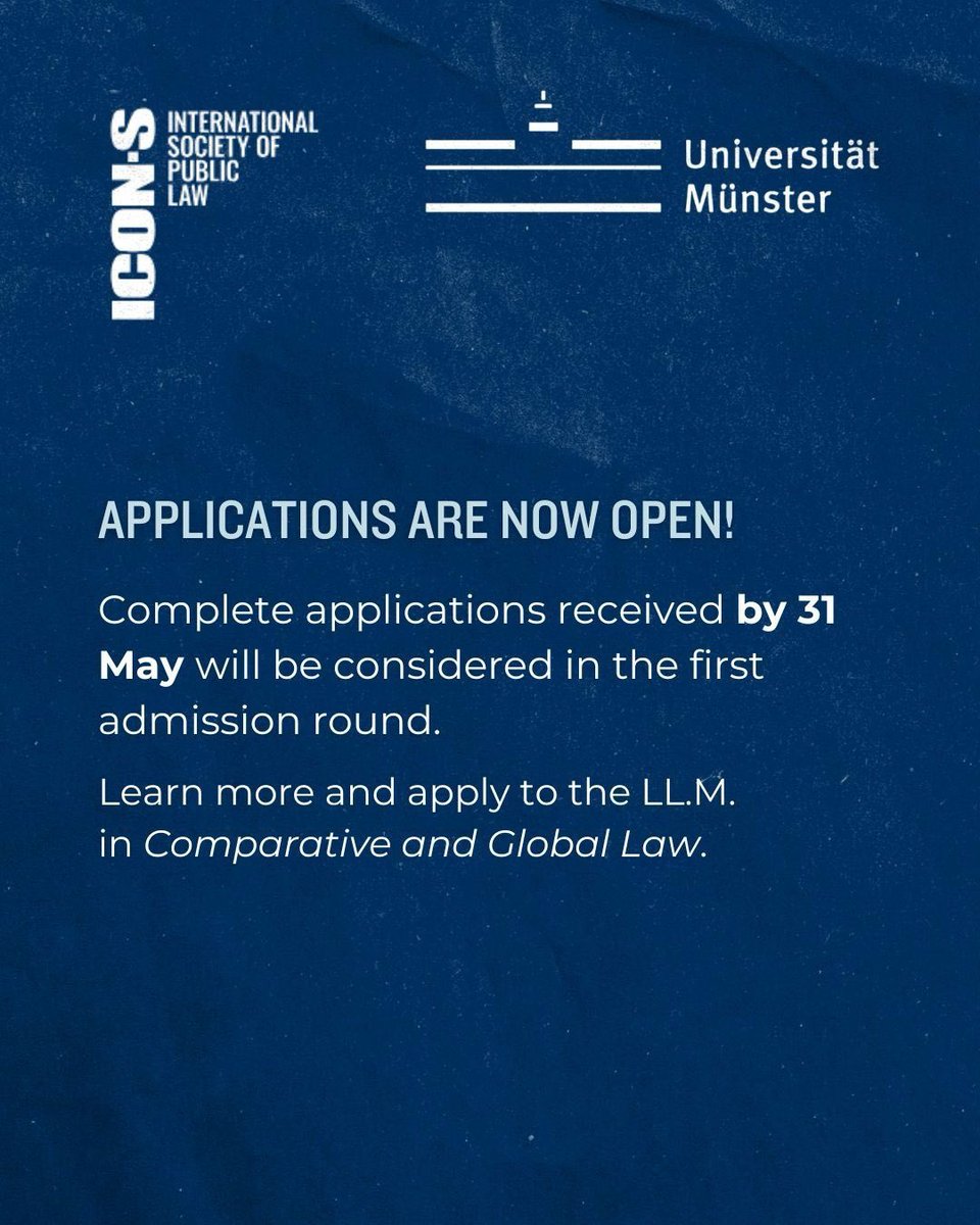 ICON__S's tweet photo. The University of Münster, a supporter of the ICON·S 2026 Annual Conference, is inviting applications for its tuition-free, English-taught Master’s program ‘Comparative and Global Law (LL.M.)’.

Learn more and apply! https://t.co/7pB8KQDsT3