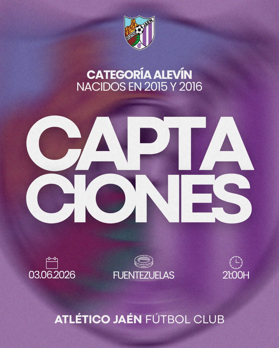 atjaen's tweet photo. 🔎⚽️Hoy se realizarán las 𝗰𝗮𝗽𝘁𝗮𝗰𝗶𝗼𝗻𝗲𝘀 de la 𝗰𝗮𝘁𝗲𝗴𝗼𝗿𝗶́𝗮 𝗮𝗹𝗲𝘃𝗶́𝗻 para la temporada 2026/2027.

👀Consulta la información y ven a formar parte de la familia moraita.

ℹ️Se ruega asistir con autorización del club de origen.

¡Te esperamos!

#SomosMoraitos 💜 https://t.co/gdoHFL2zZO