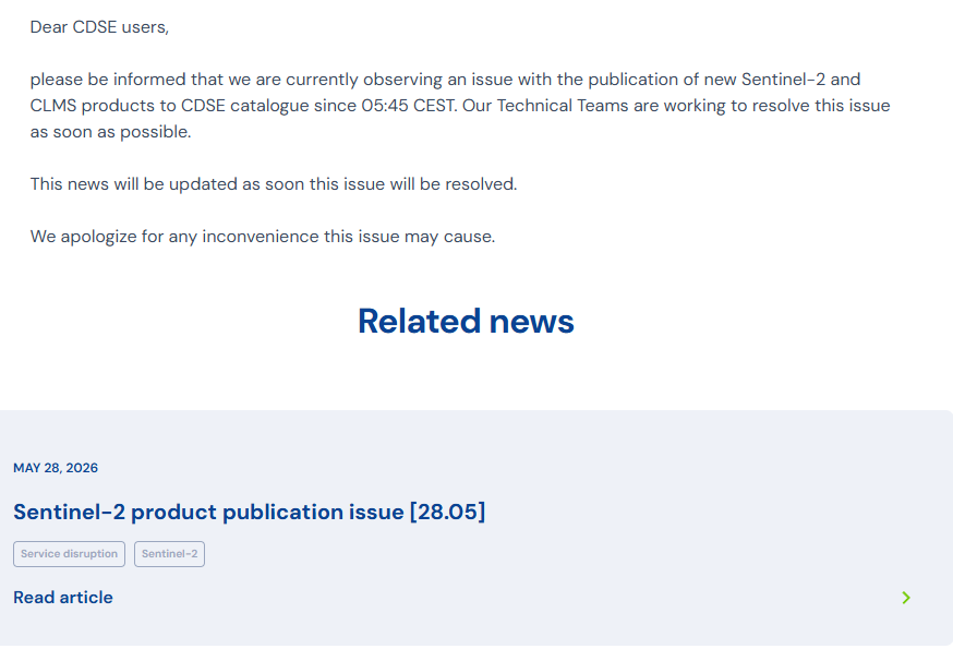 Blackeyesko's tweet photo. Delays in Sentinel-2 Imagery Updates (May 28)

If you're wondering why today's Sentinel-2 tiles for East Asia (including the Korean Peninsula) aren't showing up yet, it's due to a ground segment issue, not the satellites.

According to an official CDSE notice, a publishing error has been affecting new Sentinel-2 & CLMS products since 05:45 CEST (12:45 KST) today. The technical team is currently working on a fix.

Expect significant delays across all platforms, including Copernicus Browser and third-party aggregators like https://t.co/yqjMtCXZG7. Once resolved, the backlog should process sequentially, likely later tonight or by early morning.

#Sentinel2 #Copernicus