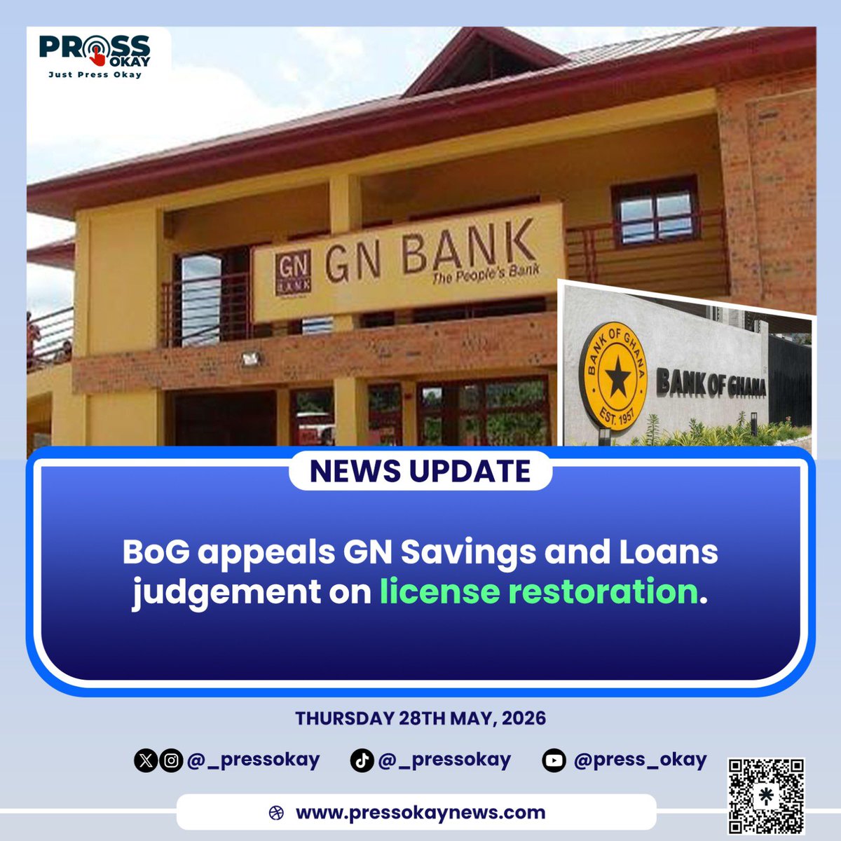 _pressokay's tweet photo. The Bank of Ghana (BoG) has filed an appeal at the Supreme Court to challenge the Court of Appeal’s ruling that ordered the restoration of GN Savings and Loans’ licence. 

Background in brief

 1.  2019 revocation: BoG revoked GN Savings and Loans’ licence on Aug 16, 2019 as part of the banking sector clean-up, citing governance weaknesses and failure to meet debt obligations.

 2.  High Court 2024: In Jan 2024, the High Court upheld the revocation, agreeing with BoG that the company failed to prove solvency at the time.

 3.  Court of Appeal May 21, 2026: A 3-member panel unanimously overturned both the High Court ruling and BoG’s 2019 decision. It held the revocation was “unfair and unreasonable” and ordered the receiver to return possession, control and management of assets to Groupe Nduom. 

What BoG is arguing now

BoG’s application to the Supreme Court says the Court of Appeal “erred in law”:

 •  The appellants didn’t comply with procedural rules requiring clear particulars of alleged errors of law in the notice of appeal.

 •  The Court of Appeal wrongly ruled that BoG should have considered the advisor’s report before withdrawing the licence. 
BoG is asking the Supreme Court to set aside the Court of Appeal’s judgment and reinstate the High Court’s decision that upheld the revocation.