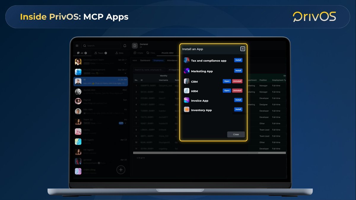 PrivOSAI's tweet photo. 🧩 MCP Apps Inside PrivOS — Built for Real Business Operations

PrivOS includes built-in MCP Apps designed to support different business functions with structured workflows and AI-assisted automation.

From HRM and CRM to Marketing, Tax, and Compliance, each app is designed to help teams handle repetitive tasks more efficiently using pre-set inputs and guided processes.

Instead of building workflows from scratch, teams can use ready-to-use operational tools that simplify daily work and reduce manual effort.

Whether managing employee records, customer pipelines, campaign tasks, or compliance processes, PrivOS helps teams operate faster within one connected platform.

👉 Practical AI applications built directly into the workplace.