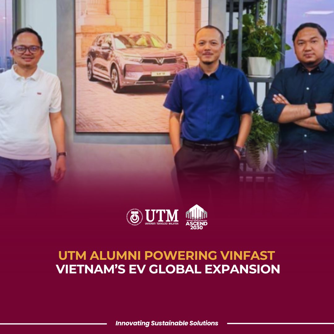 utm_my's tweet photo. Three UTM alumni are now contributing to VinFast’s global EV ecosystem, bringing Malaysian engineering expertise into the future of sustainable mobility and international automotive innovation.

https://t.co/npT4ZtVibC

#UTMNews 
#UniversitiTeknologiMalaysia https://t.co/7e3eGj96uz