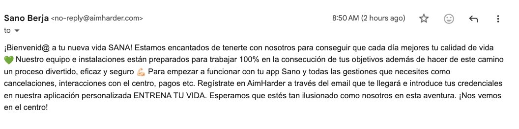 evoratec's tweet photo. @aimharder_es Hay que trabajar un poquito estos emails. Lo primero que he pensado es que es spam. Y ya si le ponéis el remitente el dominio de la empresa que tiene el software, da mejor imagen. Un saludo. https://t.co/0kUBqL5cJI