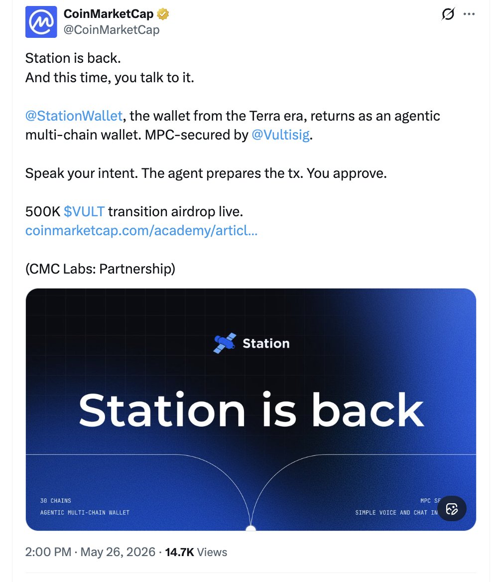 TerraHaberTr's tweet photo. CoinMarketCap headlined the return of the Station app. Station, Terra's most important wallet app, returns stronger than ever with Vultisig. Station also continues to expand its support for $LUNC and $USTC.

Station will empower the Terra Classic community.

#Station #TerraClassic #LUNC #CoinMarketCap