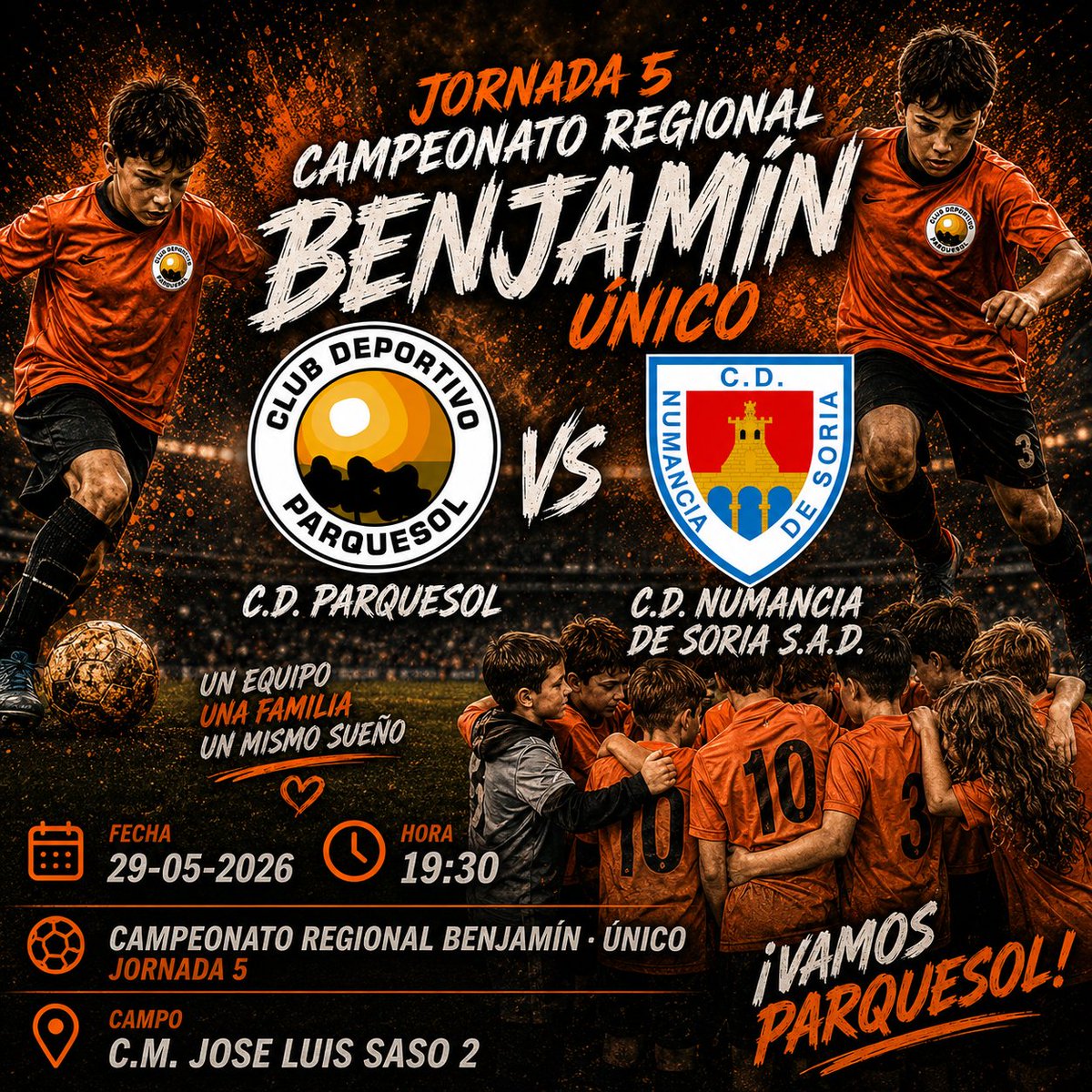 CDParquesol's tweet photo. 🟠Vuelve la emoción al José Luis Saso.
Vuelve nuestro Benjamín A. ⚽🔥
Después de competir, disfrutar y crecer juntos jornada tras jornada… llega un nuevo reto ante un gran rival. 💪🧡
🆚 C.D. Numancia de Soria S.A.D.
📅 29 Mayo 2026
🕢 19:30 h
📍 C.M. José Luis Saso 2 https://t.co/ev2JuKCCrA