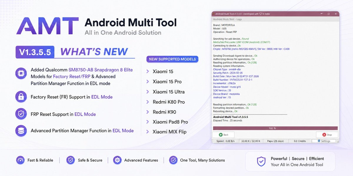 CrazyPerso79308's tweet photo. Android Multi Tool v1.3.5.5

Tool Link: https://t.co/nCsAIzhLWV

Added support for Qualcomm SM8750-AB Snapdragon 8 Elite models

Enabled Factory Reset support in EDL Mode for newly added devices

#androidmultiTool #paidtool #FRPTool #GSMTool #MobileTool https://t.co/dMFXn0aaei