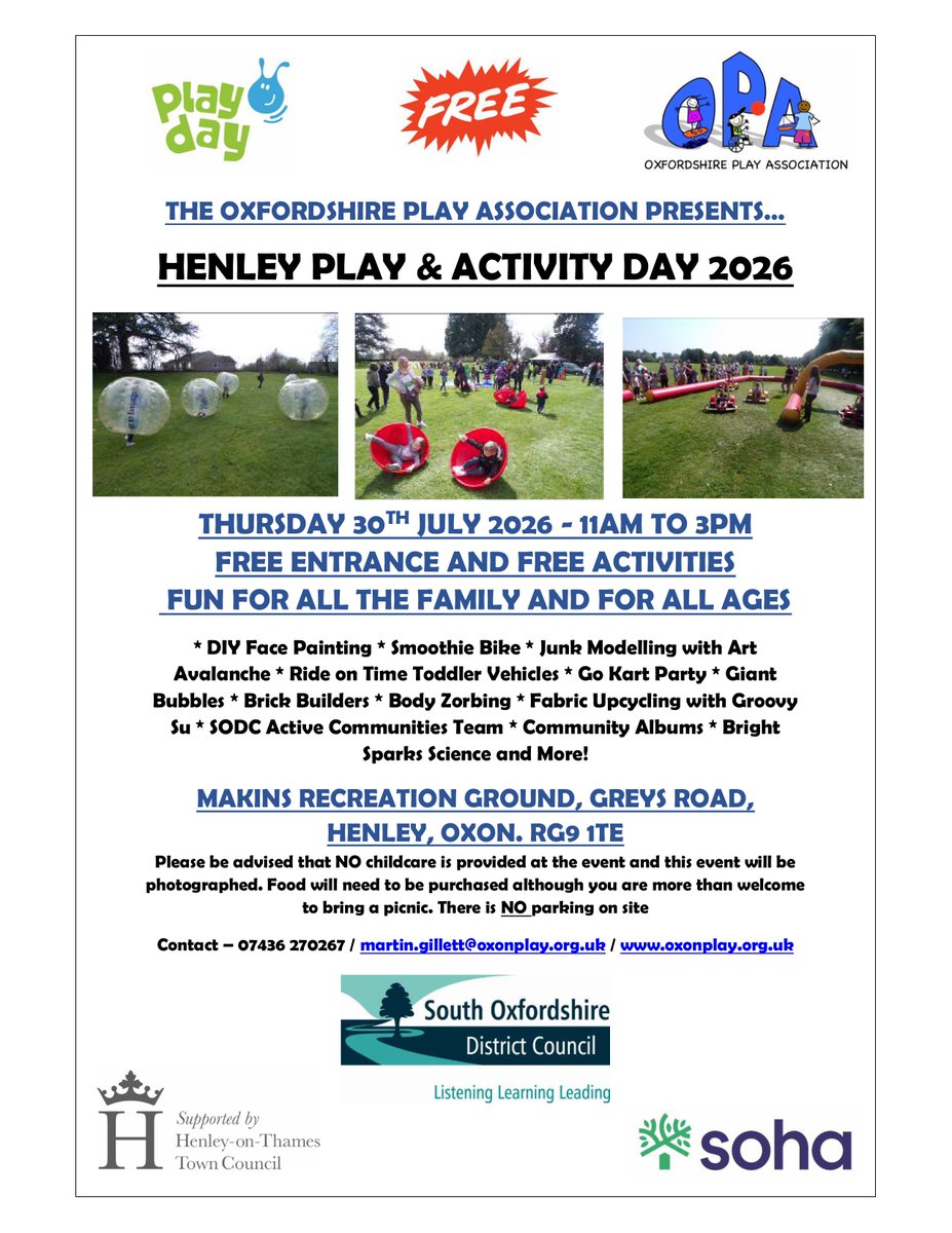 OxonPlay's tweet photo. We will be returning to Makins Recreation Ground for our 3rd annual Henley Playday event on Thursday 30th July 👍
FREE Entrance &amp; FREE Activities to ensure an Inclusion for ALL 🫶
See You There! 👊 @SohaHousing @HenleyTCM https://t.co/qZTaC8QX3c