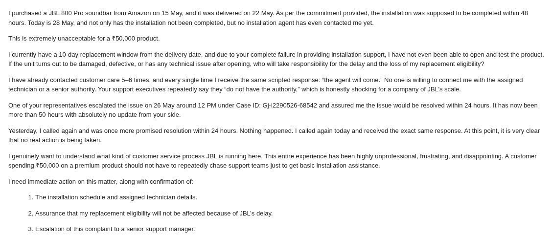 darsh2115's tweet photo. Complete Failure of JBL Customer Support – 6 Days Without Installation for a ₹50,000 Product

Called support 6+ times, received only repeated “24 hr” promises. Case ID: Gj-i2290526-68542.

@JBLaudio @Harman @nch1915 @jagograhakjago @consaff @amazonIN @AmazonHelp @JBLSoundIn https://t.co/EFSqkl7Sst
