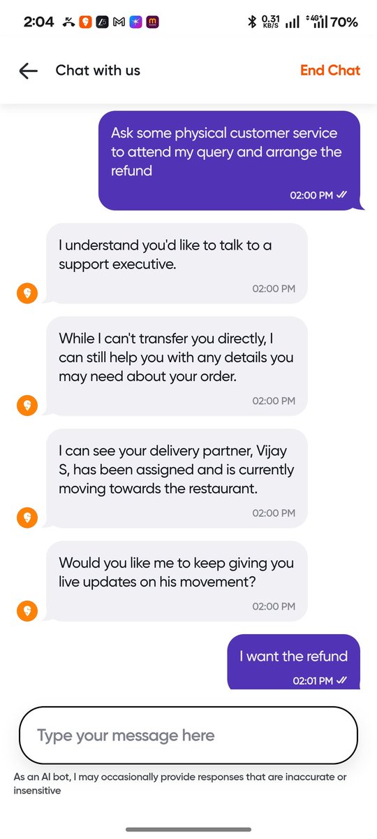 sakthibvel's tweet photo. @swiggy i want my refund for your failure on the delivery comittment https://t.co/cIRS5hpNki