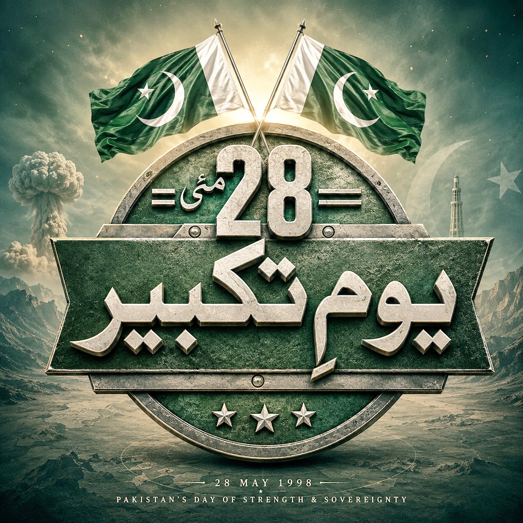 drishratulebad's tweet photo. یومِ تکبیر پر اُس تاریخی لمحے کو فخر سے یاد کرتا ہوں جب پاکستان نے دنیا پر واضح کر دیا کہ اُس کی خودمختاری، سلامتی، اور قومی وقار پر کبھی سمجھوتہ نہیں ہوگا۔ 28 مئی 1998 جرات، طاقت، اور قومی عزم کی ایک فیصلہ کن علامت ہے۔

اُن تمام عظیم پاکستانیوں کو خراجِ تحسین پیش کرتا ہوں جن کے وژن، قربانی، اور وابستگی نے پاکستان کے دفاع کو مضبوط اور مستقبل کو محفوظ بنایا۔

آج ایک متحد، خودانحصار، اور خوشحال پاکستان کے عزم کی تجدید کرتے ہیں جو ایمان، اتحاد، اور نظم و ضبط کے اصولوں پر قائم ہو۔

پاکستان ایک ذمہ دار اور امن پسند ایٹمی ریاست ہے جو خطے میں امن، استحکام، اور باہمی احترام پر یقین رکھتی ہے۔ پاکستان کسی کے خلاف جارحانہ عزائم نہیں رکھتا، تاہم کسی بھی جارحیت کا فوری اور بھرپور جواب دینے کی مکمل صلاحیت اور عزم رکھتا ہے۔ پاکستان زندہ باد 🇵🇰

On Youm-e-Takbeer, proudly commemorate the historic moment when Pakistan demonstrated to the world that its sovereignty, security, and national dignity are beyond compromise. The events of 28 May 1998 remain an enduring symbol of courage, strategic strength, and unwavering national resolve.

I pay tribute to the great Pakistanis whose vision, sacrifice, and dedication strengthened Pakistan’s defence and secured the nation’s future.

Today, renew the commitment to building a strong, united, self-reliant, and prosperous Pakistan founded on faith, unity, and discipline.

Pakistan is a responsible and peace-loving nuclear state that believes in regional stability and mutual respect. Pakistan has never sought aggression against any country, but remains fully prepared to defend its sovereignty, security, and national dignity with complete resolve. Pakistan Zindabad 🇵🇰