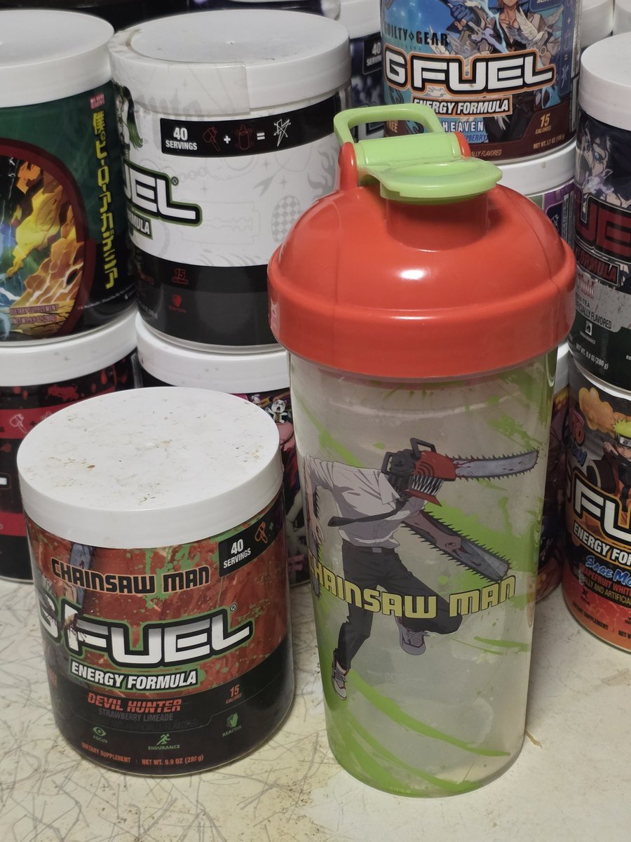 WaywardToadSage's tweet photo. Another 4am start after less than 5 hours of sleep. Let's see how long some #DevilHunter @GFuelEnergy can help me stay revved up. #ChainsawMan #GFUEL https://t.co/ryadJaFEeO