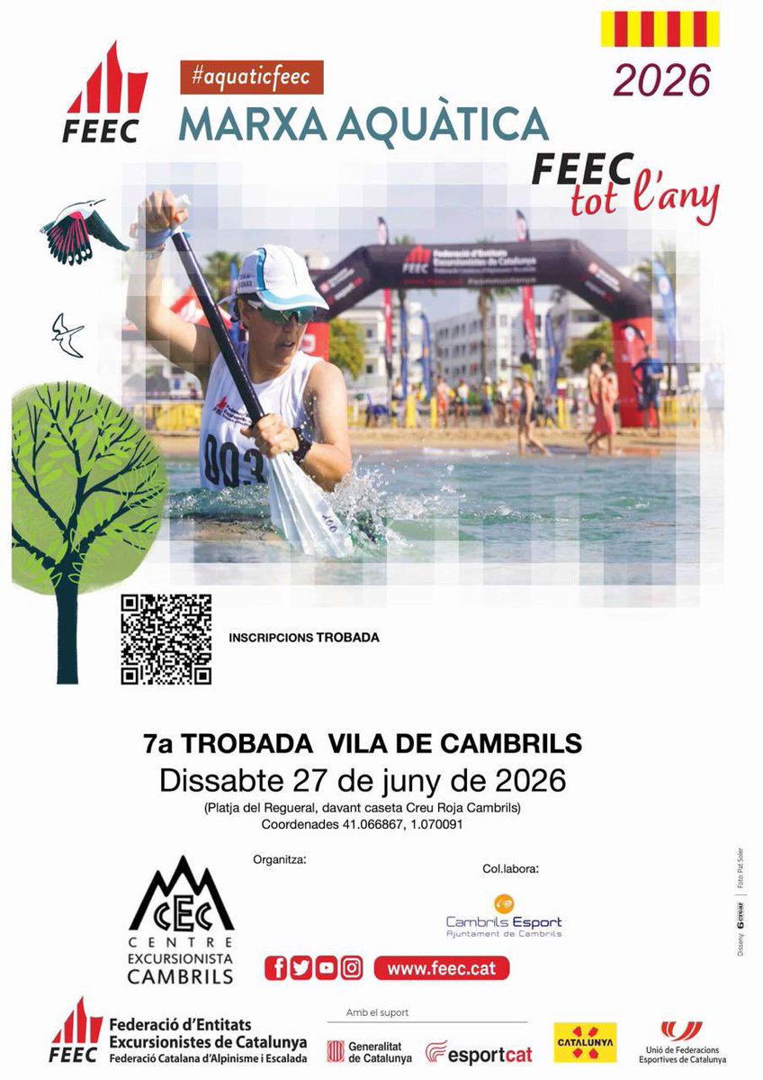 ECambrils's tweet photo. un any més el Centre excursionista de Cambrils promociona un esport molt interessant a l’estiu com és la marxa aquàtica. Vine amb nosaltres el dia 27 de juny al matí a la Platja del Regueral a practicar aquest esport.  inscripcions al QR  del cartell. @FEEC_cat https://t.co/WB8fyrrXd9
