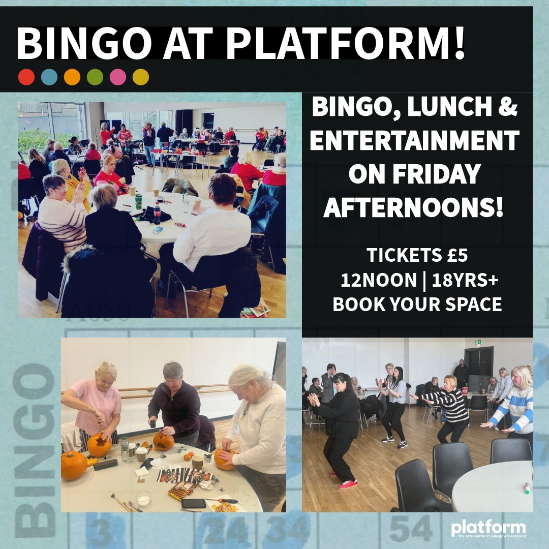 PlatformGlasgow's tweet photo. Artist Sally Charlton returns this week for Full House Friday!  Join Sally for some chat, bingo and a spot of lunch 🍲. 12noon - 2pm/ book your space in advance: https://t.co/3CkfJMkRSk. Tickets £5.
#easterhouse #bingo https://t.co/gqtApBPopG