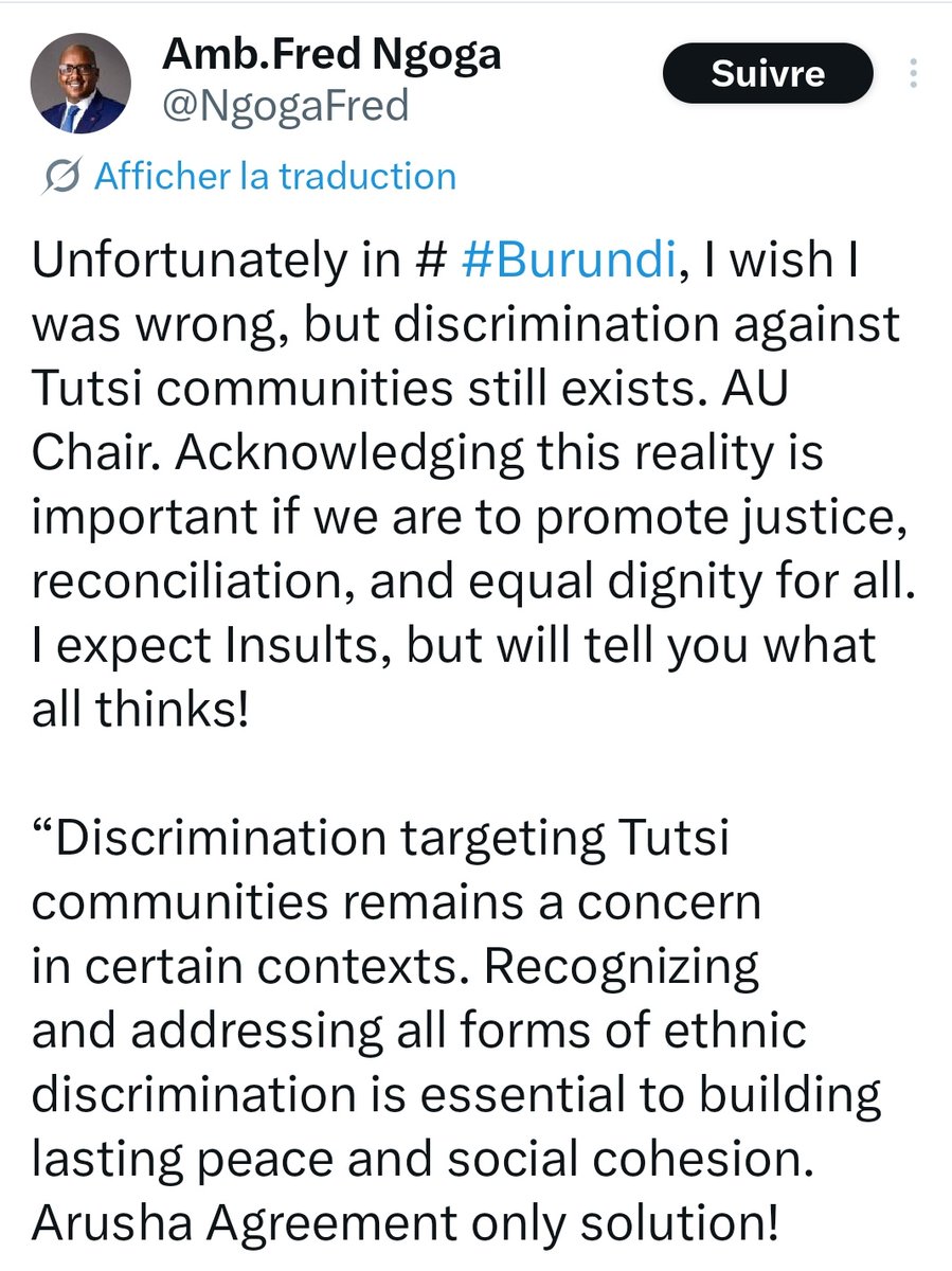 Imana_Divin's tweet photo. @NgogaFred, nous disons non à l’instrumentalisation de l'Accord d’Arusha par un activiste qui sert les intérêts Tutsi et Rwandais. La paix au Burundi ne passera jamais par la communautarisme ni par l'ingérence étrangère. #Ngoga parle seul, le peuple #Burundais vit ensemble. https://t.co/hw8ixRZLOu